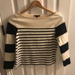 Quarter sleeve cotton scoop neck sweater.